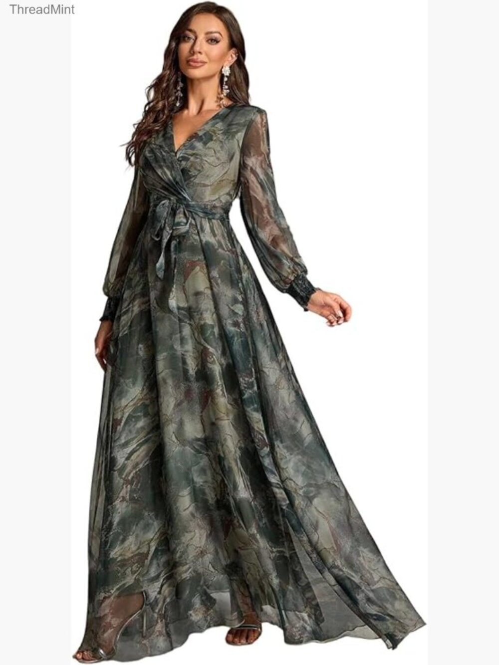 Women's Floral Casual Maxi Dress Long Sleeve V-Neck Wedding Guest Dress
